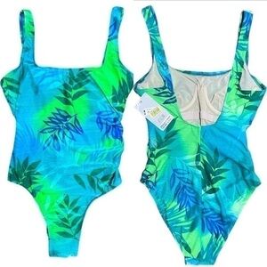 NWT Athena One Piece Tropical Blue & Green Foliage Pattern Swimsuit Size 10